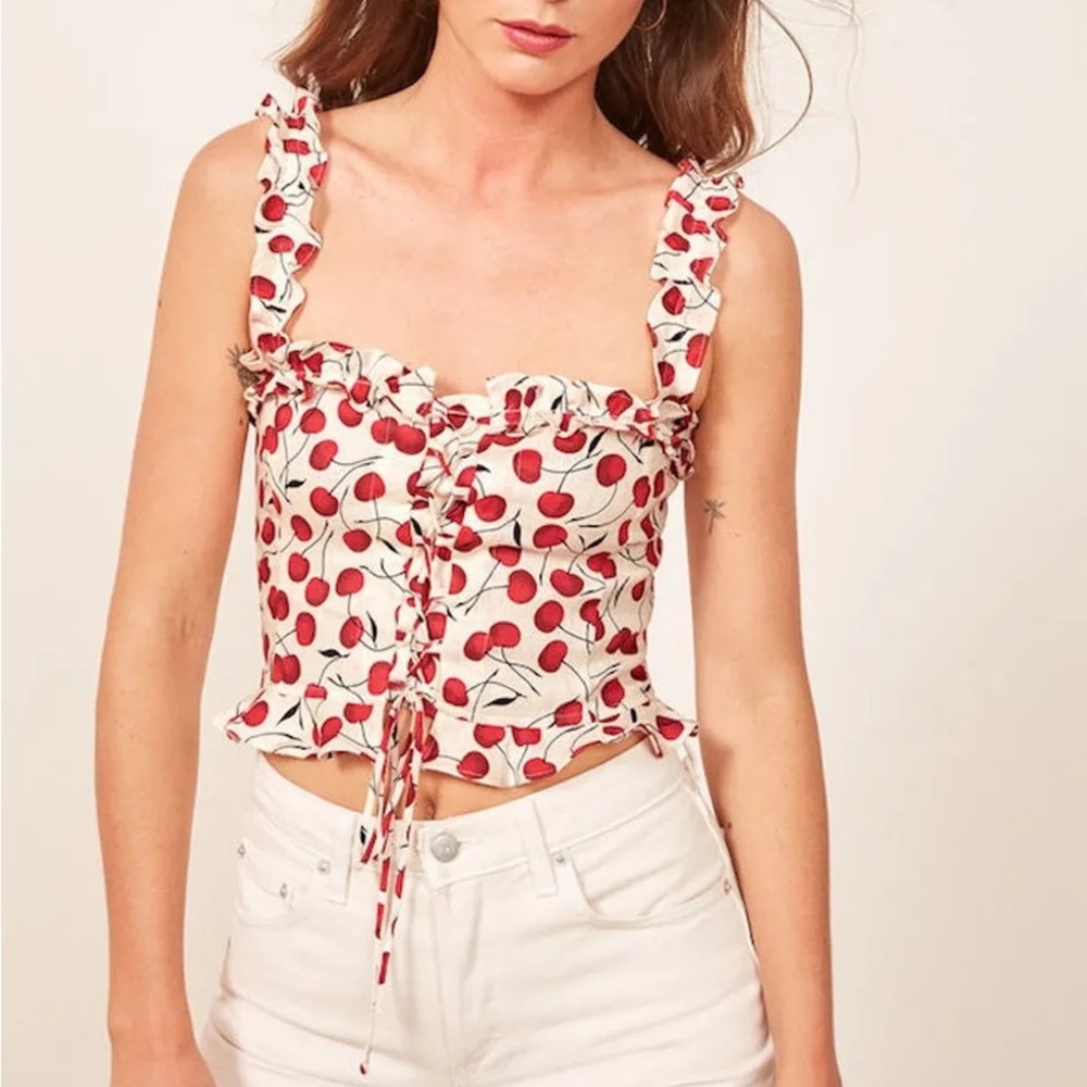Reformation 100% linen cherry print crop top